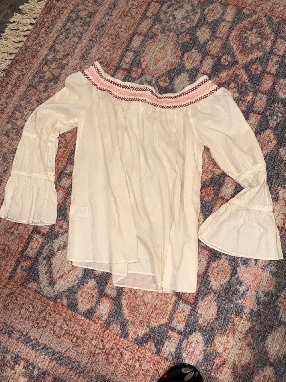 Cream Off-Shoulder Blouse with Red and Pink Embroidered Trim